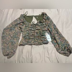 Free people Floral Ruched Long-Sleeve Crop Top - Green